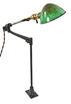 all original and fully functional american antique industrial versatile "white portable" workbench factory machinist task lamp with green rolled rim reflector