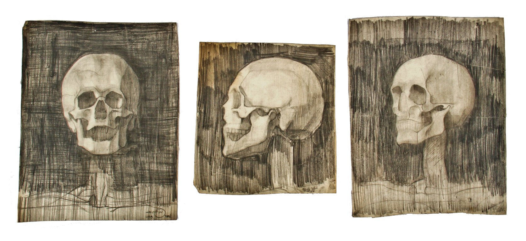 original and remarkably intact set of three original antique american unframed c. 1920 leighton n. oyen signed graphite pencil drawings of skulls