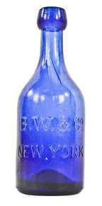 1850's antique american iron pontiled dark cobalt blue applied blobtop soda or mineral water bottle manufactured fort the burroughs wellcome company