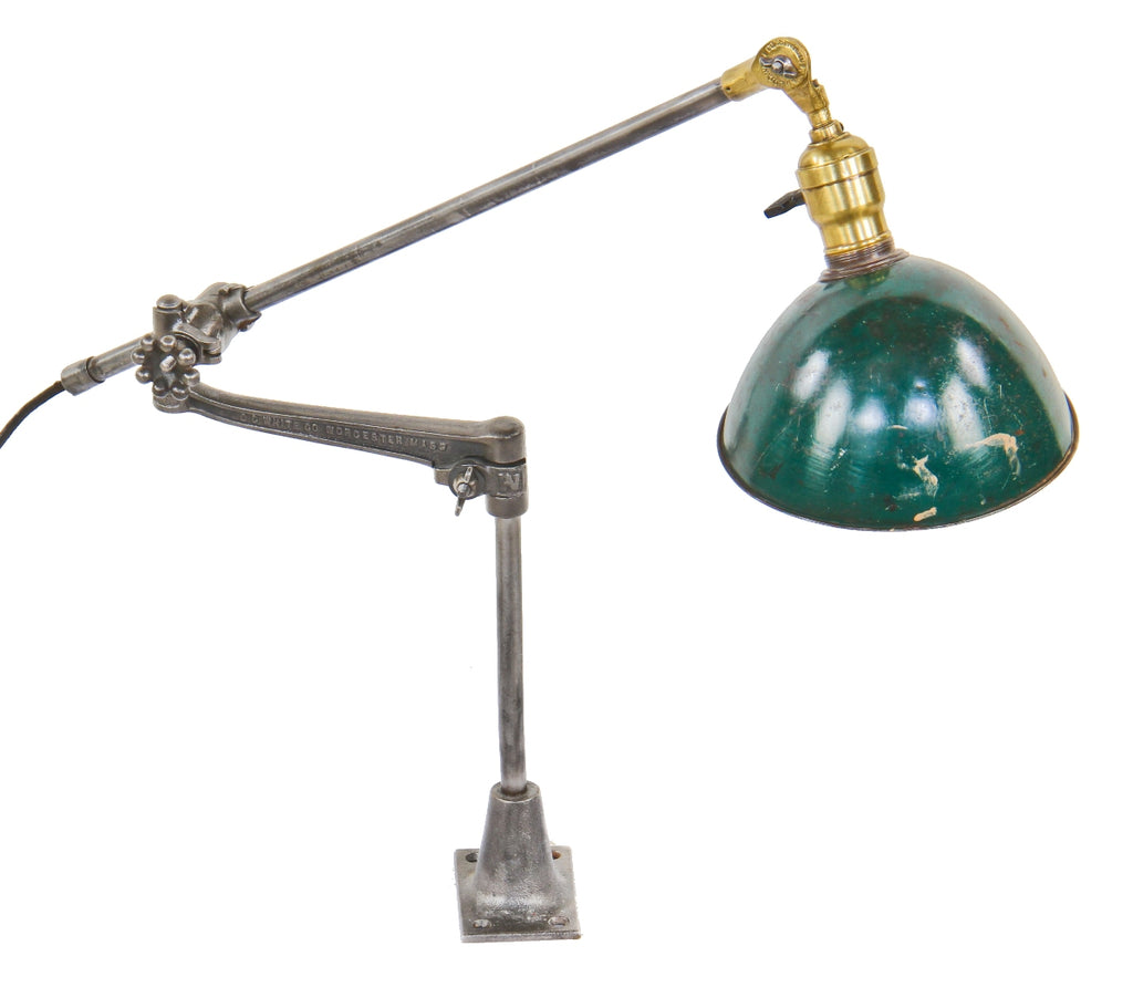 refinished "style d" c. 1920's american antique industrial fully adjustable "white" articulating arm table or workbench task lamp with functional knuckle joint