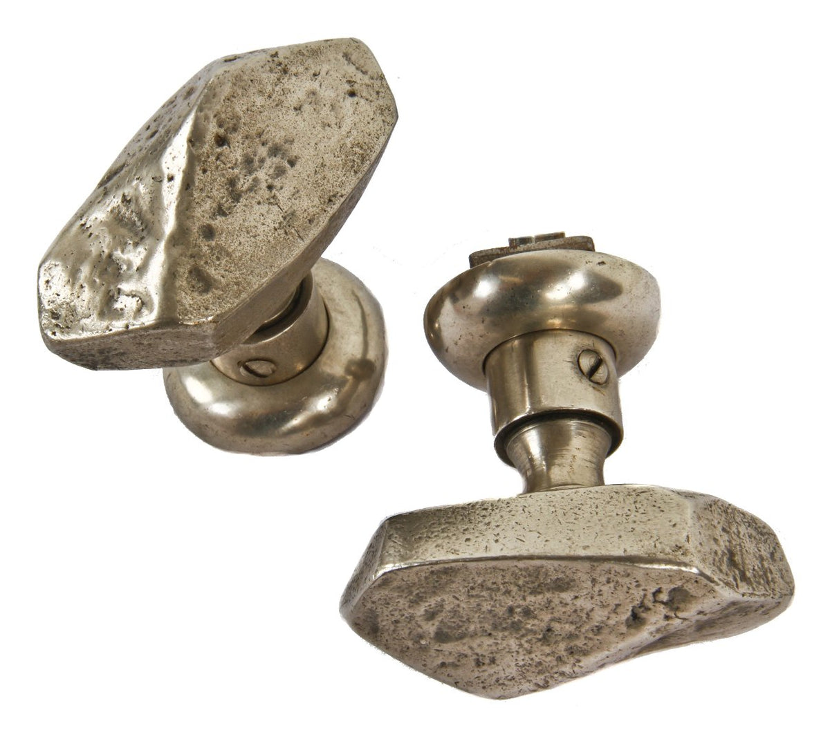 two matching c. 1920's highly unusual art deco style nickel-plated cast bronze "nugget-shaped" interior residential passage doorknobs with matching rosettes