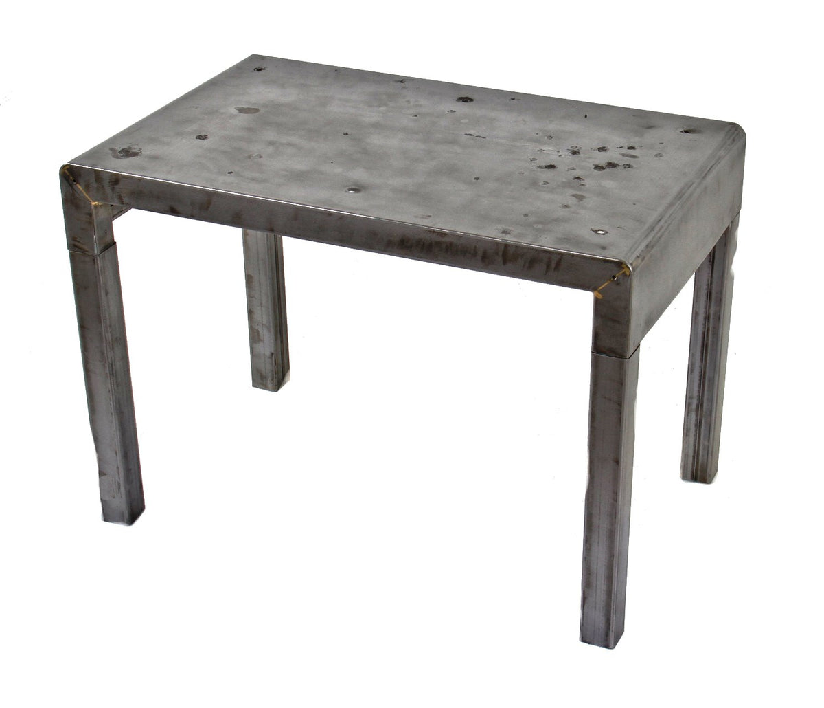 refinished four-legged low-lying brushed metal simmons vanity stationary sitting bench with a brushed and sanded bare metal finish throughout