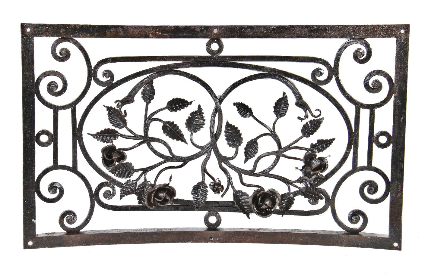 original 19th century fred. w. morgan custom-built interior residential black enameled ornamental wrought iron slightly curved wall-mount furnace air intake grille with delicate leafage