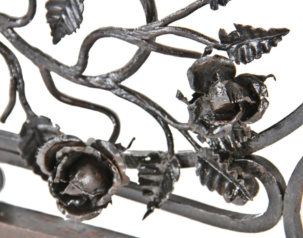 original 19th century fred. w. morgan custom-built interior residential black enameled ornamental wrought iron slightly curved wall-mount furnace air intake grille with delicate leafage
