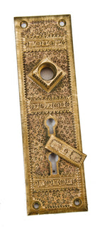 hard to find and highly desirable american c. 1880's aesthetic movement "ivy" pattern cast brass residential entrance door backplate with intact swinging keyhole cover