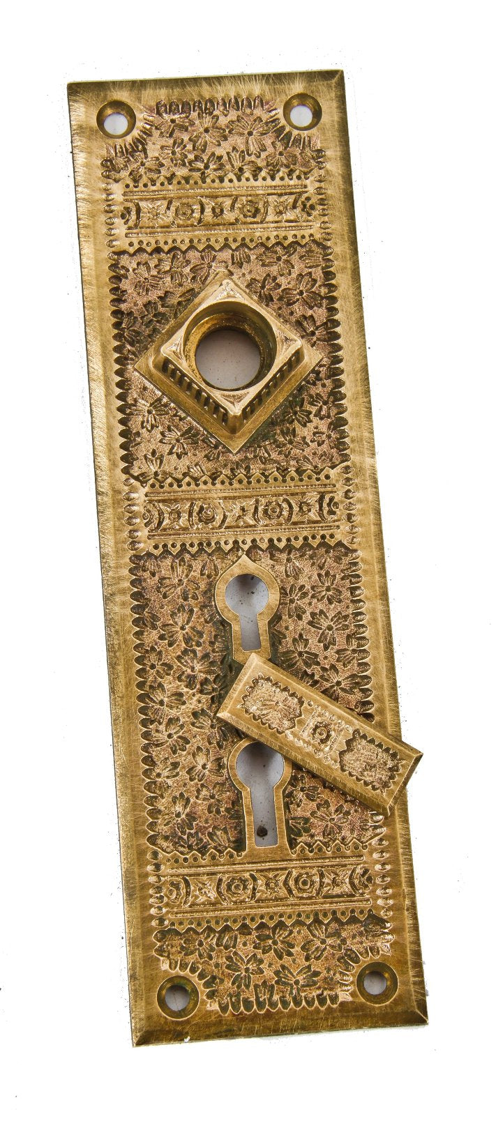 hard to find and highly desirable american c. 1880's aesthetic movement "ivy" pattern cast brass residential entrance door backplate with intact swinging keyhole cover