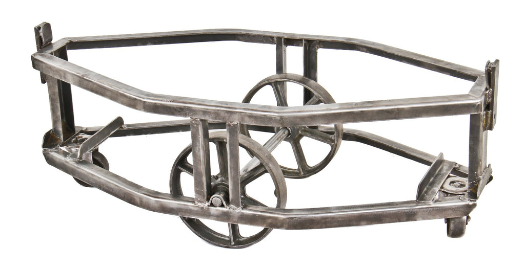 uniquely shaped american depression era vintage industrial low-lying mobile all-welded joint tubular steel mobile factory cart with spoked cast iron wheels