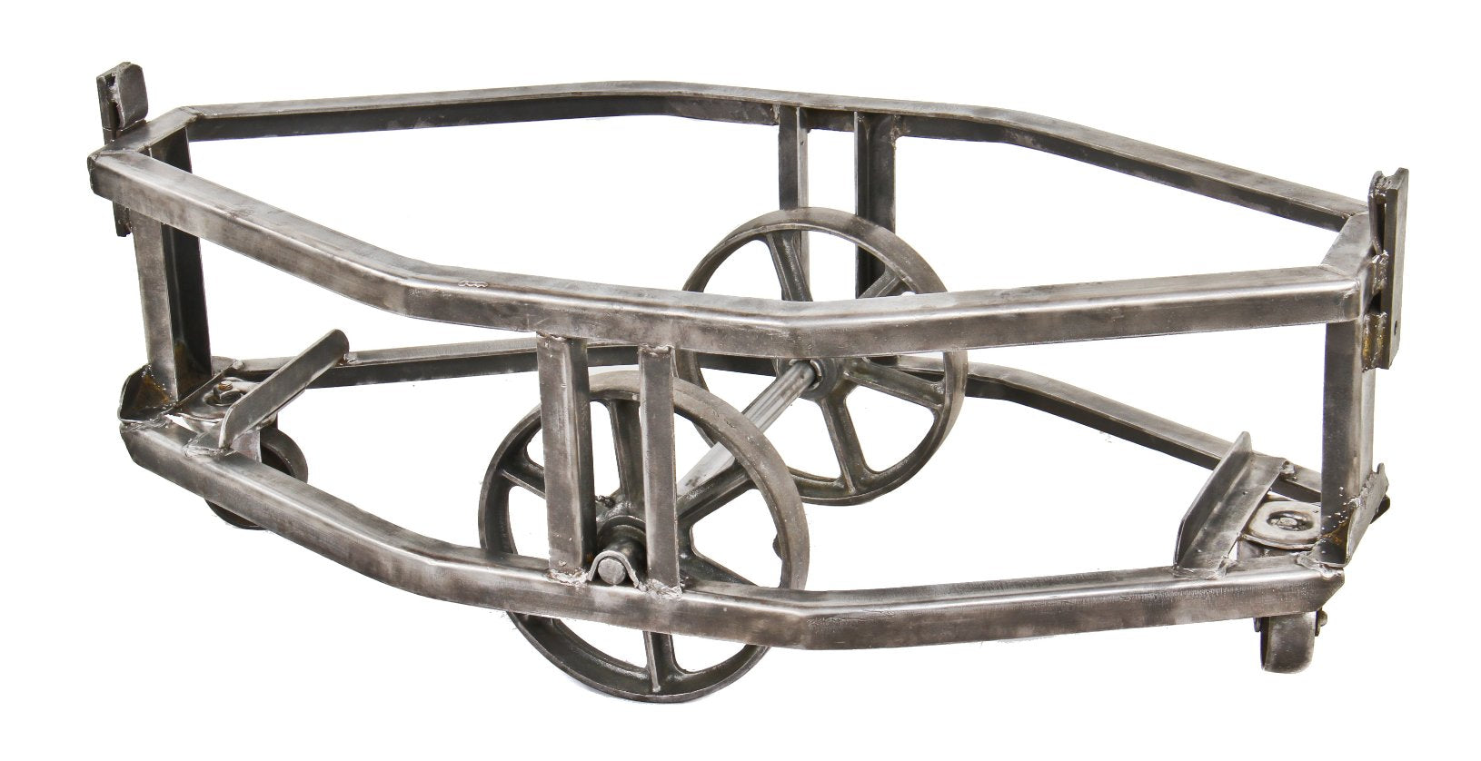 uniquely shaped american depression era vintage industrial low-lying mobile all-welded joint tubular steel mobile factory cart with spoked cast iron wheels