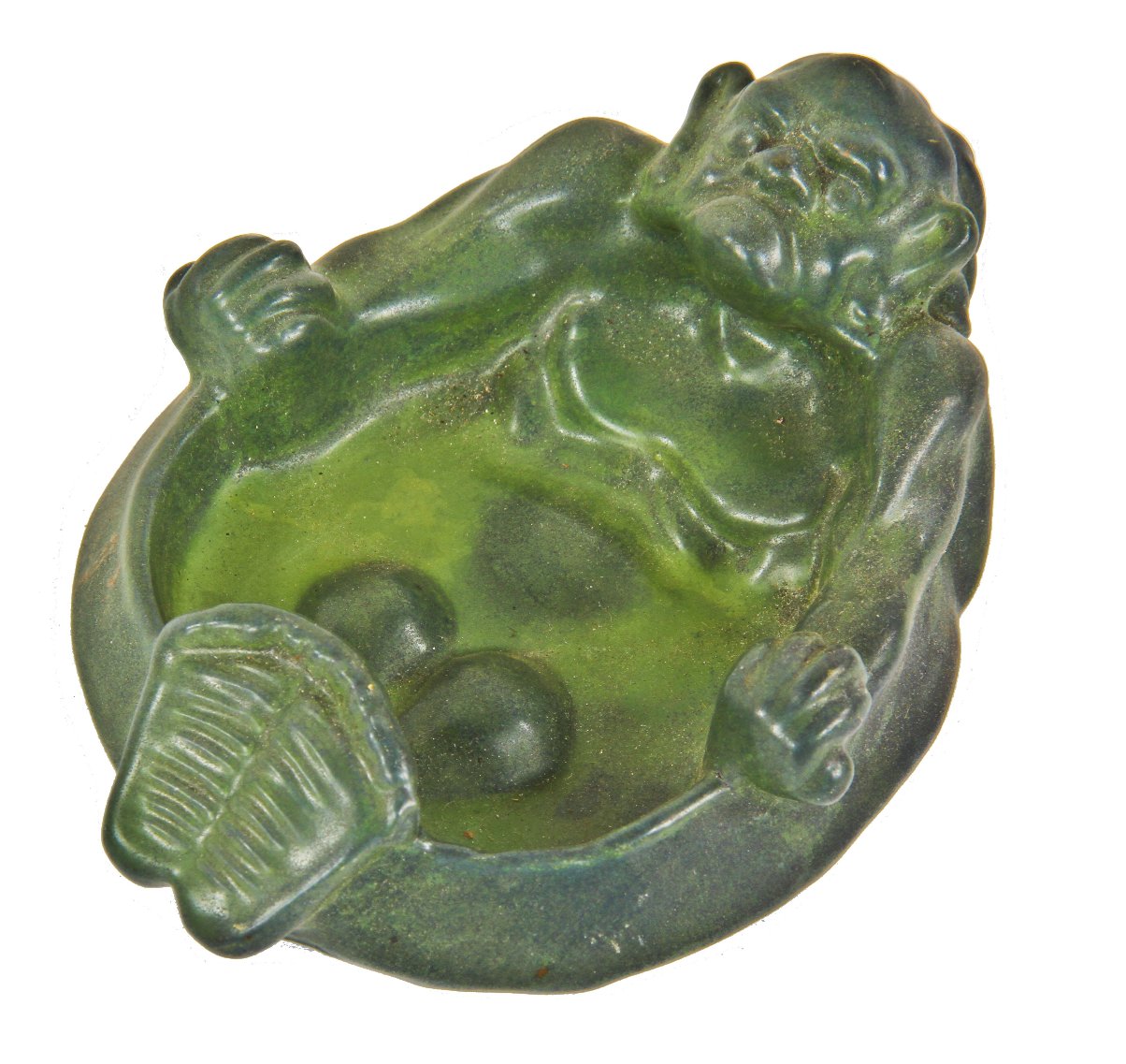 early 20th century matte glazed "teco green" american terra cotta company salesman sample or corporate gift card or ashtray with manufacturer marking