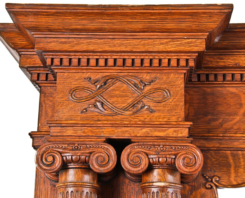 massive late 19th century all original and completely intact victorian era solid quartered oak wood chicago mansion "music room" fireplace mantel with beveled mirror