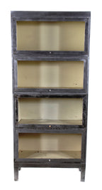 original c. 1940's oversized intact "allsteel" stackable brushed metal freestanding chicago rail yard office barrister bookcase with header and four-legged base