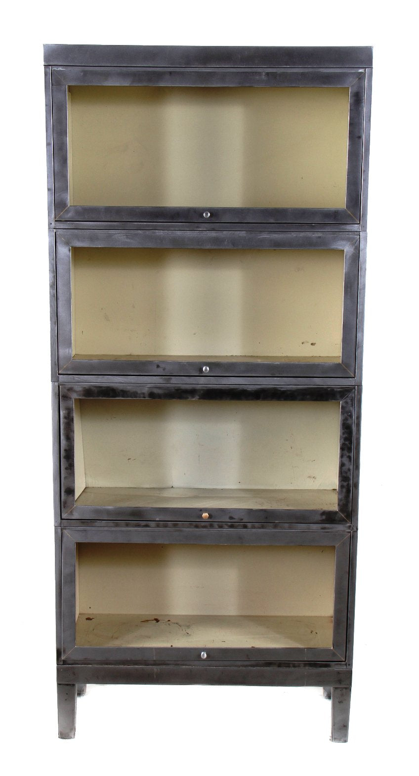 original c. 1940's oversized intact "allsteel" stackable brushed metal freestanding chicago rail yard office barrister bookcase with header and four-legged base