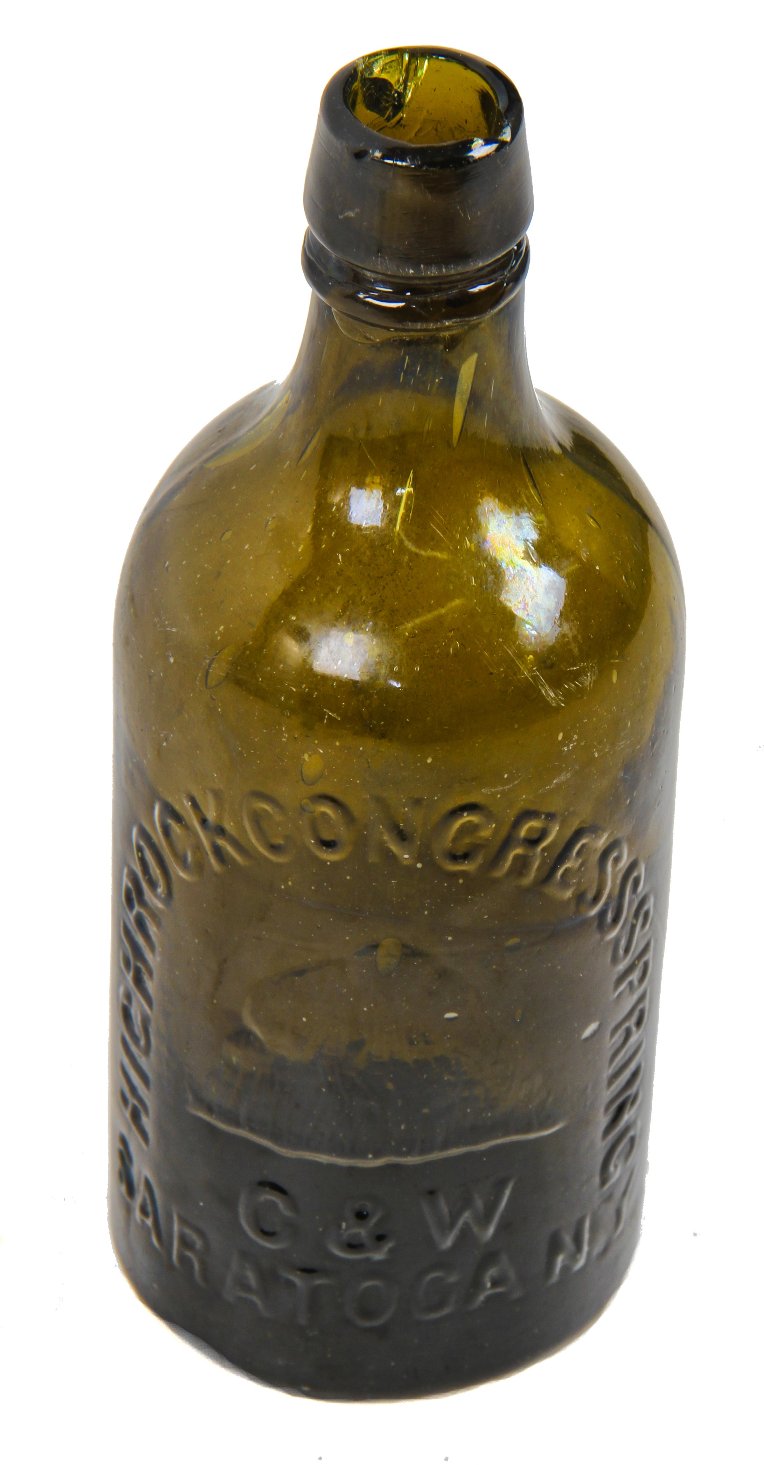 original c. 1850's-1860's intact richly colored antique american dark olive cylindrical pint bottle finished with an applied tapered collar and ring.
