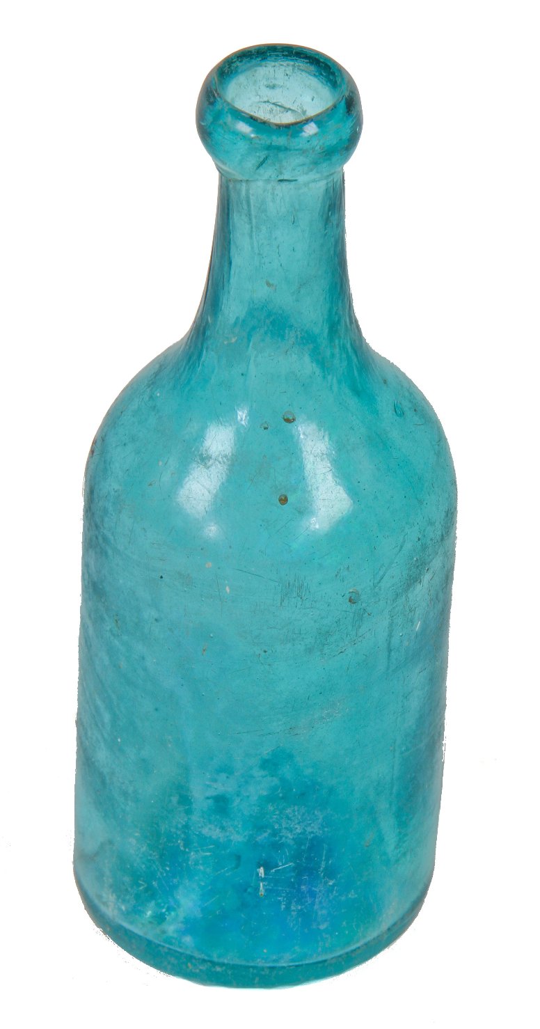 very uniqe early antque american c. 1840s-1850's privy dug brilliant blue aqua porter-style glass bottle with crude blob top lip and substantial surface whittling
