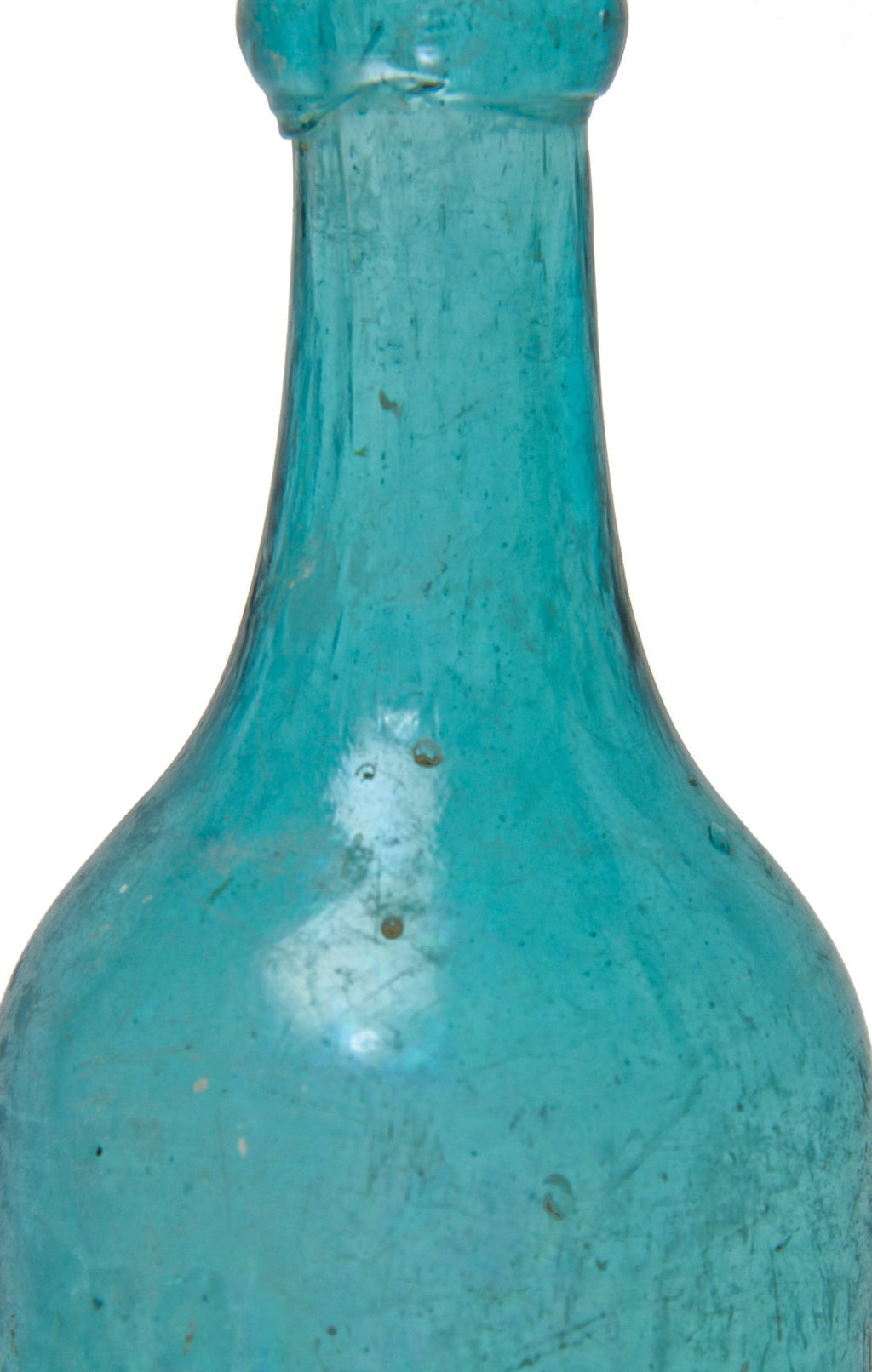 very uniqe early antque american c. 1840s-1850's privy dug brilliant blue aqua porter-style glass bottle with crude blob top lip and substantial surface whittling