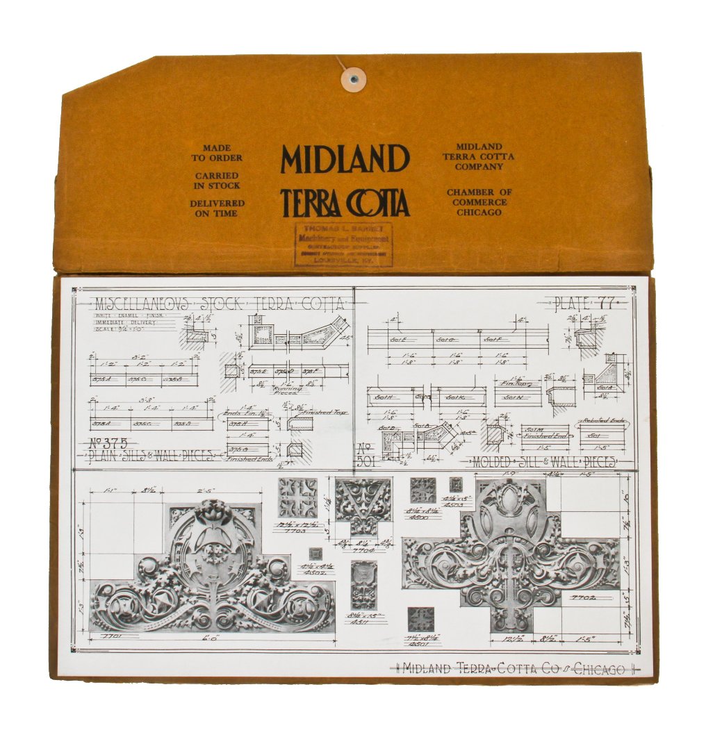 rare early 20th century single-sided midland terra cotta "plate 77" lithographed cardstock "sullivanesque" style stock terra cotta informational diagram
