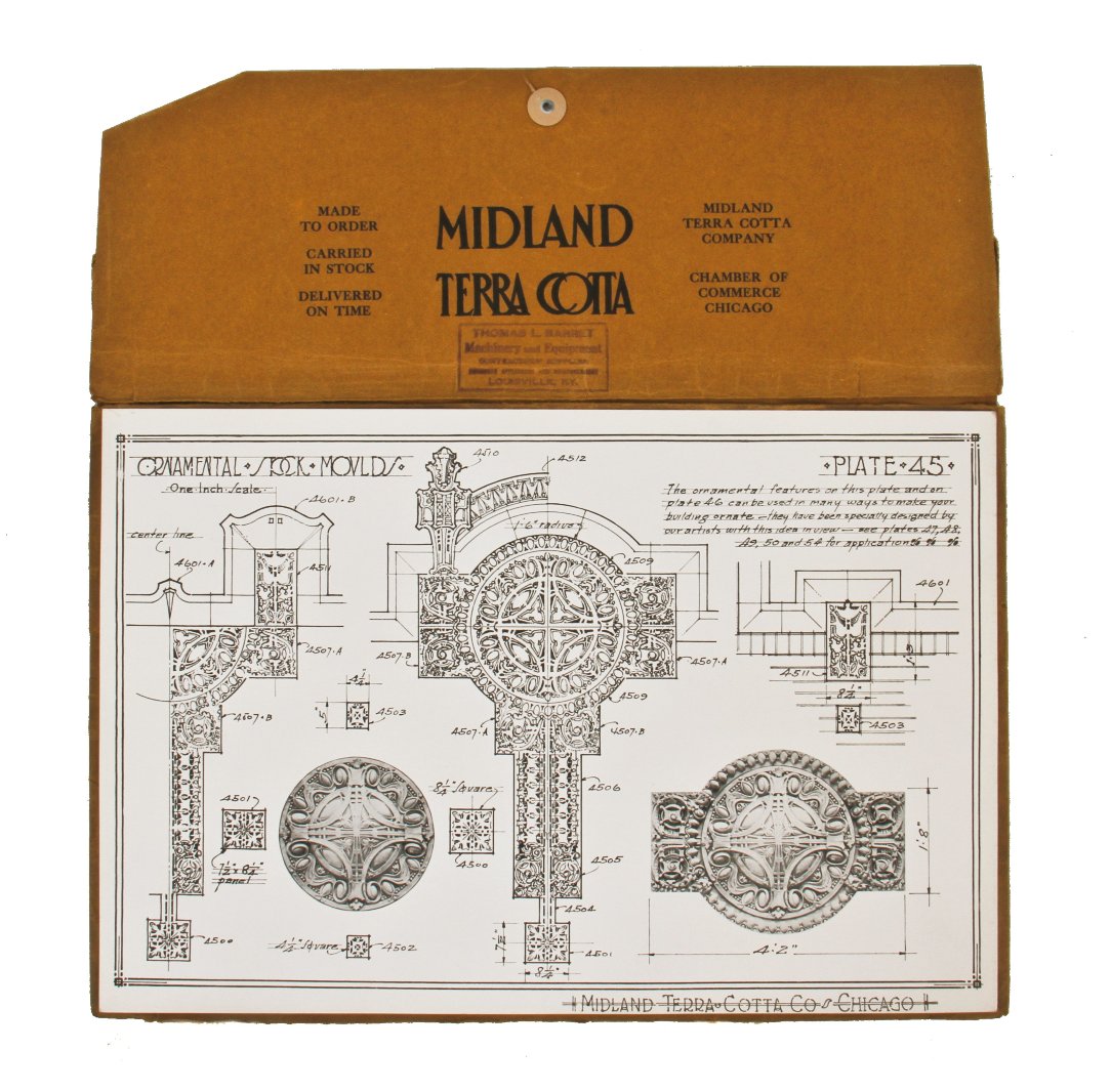 exceptional original early 20th century original "sullivanesque" midland terra cotta "plate 45" lithographed cardstock diagram of a sectional white glazed medallion