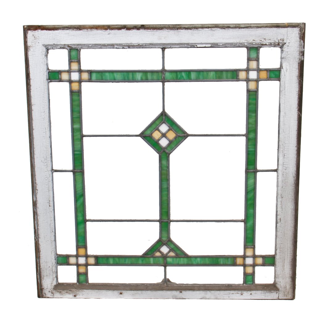 completely intact early 1920's original american prairie school style art glass window with strongly geometric design motifs in colored slag glass