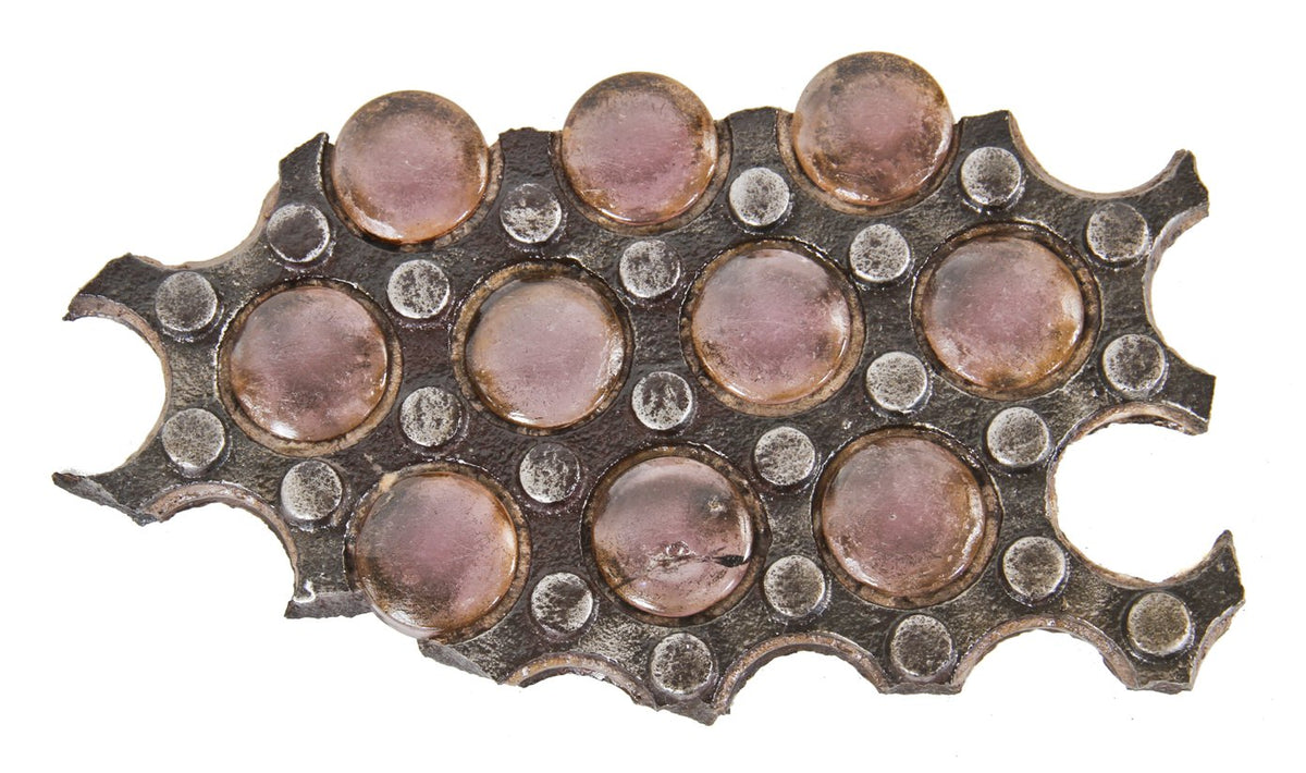 lightly cleaned and refinished late 19th century antique american industrial city sidewalk vault panel fragment comprised of cast iron with solid circular-shaped glass rondels