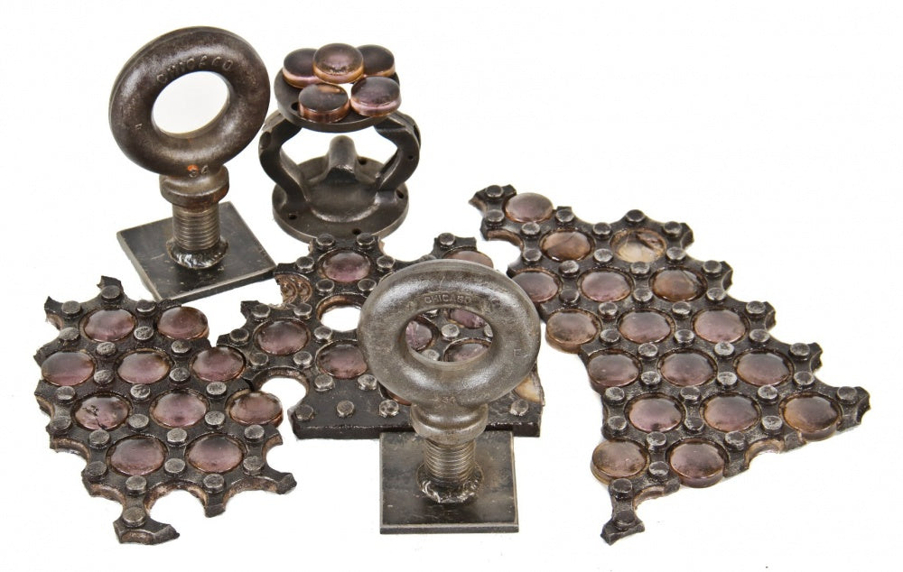 lightly cleaned and refinished late 19th century antique american industrial city sidewalk vault panel fragment comprised of cast iron with solid circular-shaped glass rondels