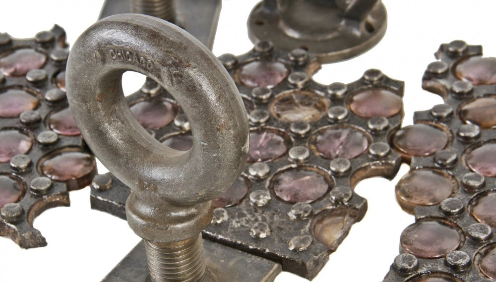 rare oversized original 19th century antique american industrial cast iron chicago city sidewalk vault light panel fragment with largely intact sun-purple lenses