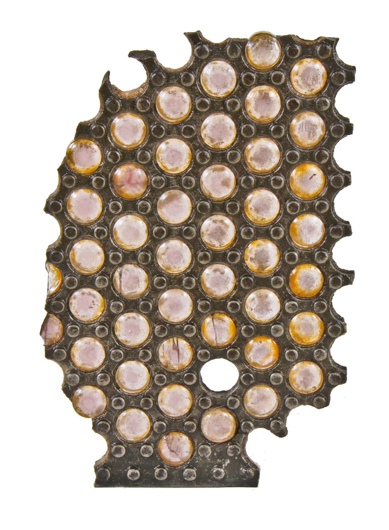 rare oversized original 19th century antique american industrial cast iron chicago city sidewalk vault light panel fragment with largely intact sun-purple lenses