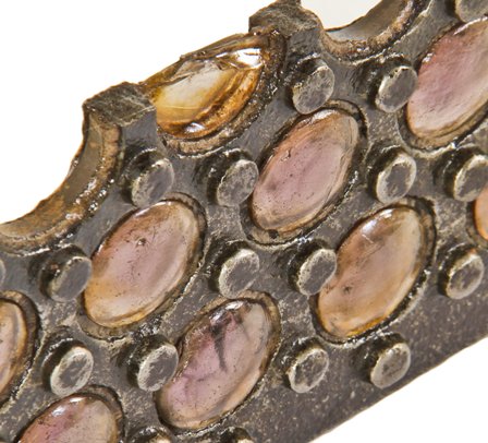 c. late 19th century rare unique and highly sought after refinished cast iron city sidewalk vault light panel fragment with "sun-purple" slid glass rondel insets