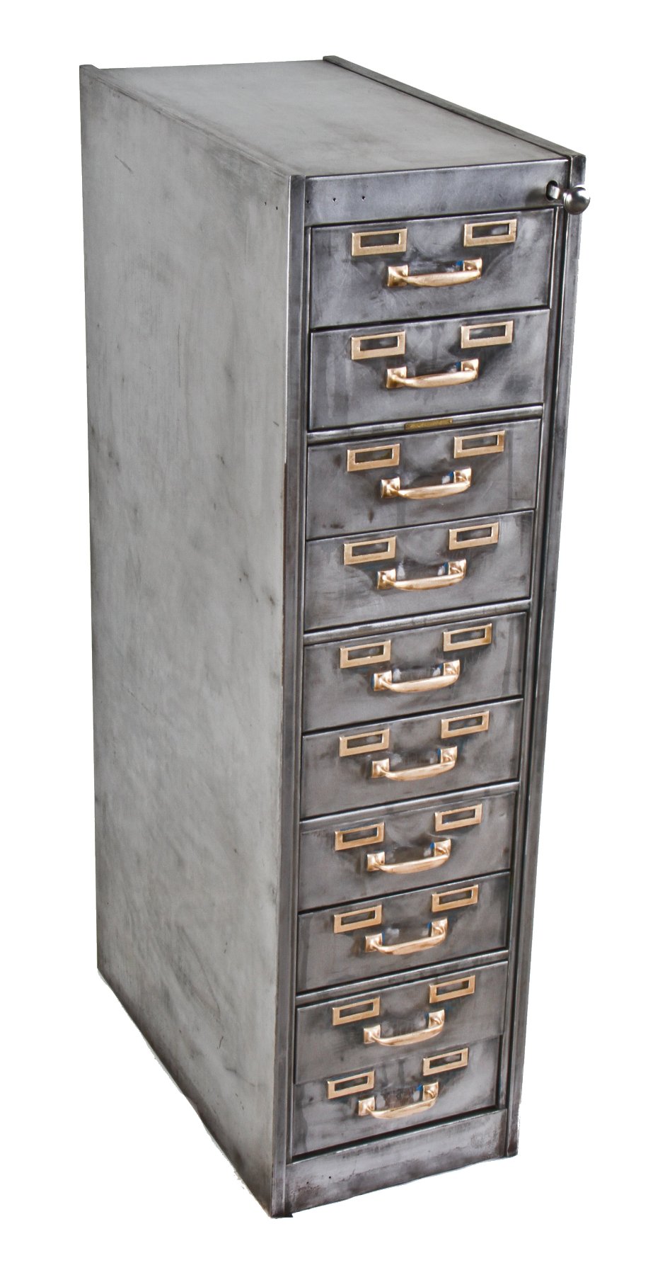 very well-built all original c. 1940's vintage american industrial 10-drawer "library bureau" brushed steel upright filing or storage cabinet with pressed brass handles