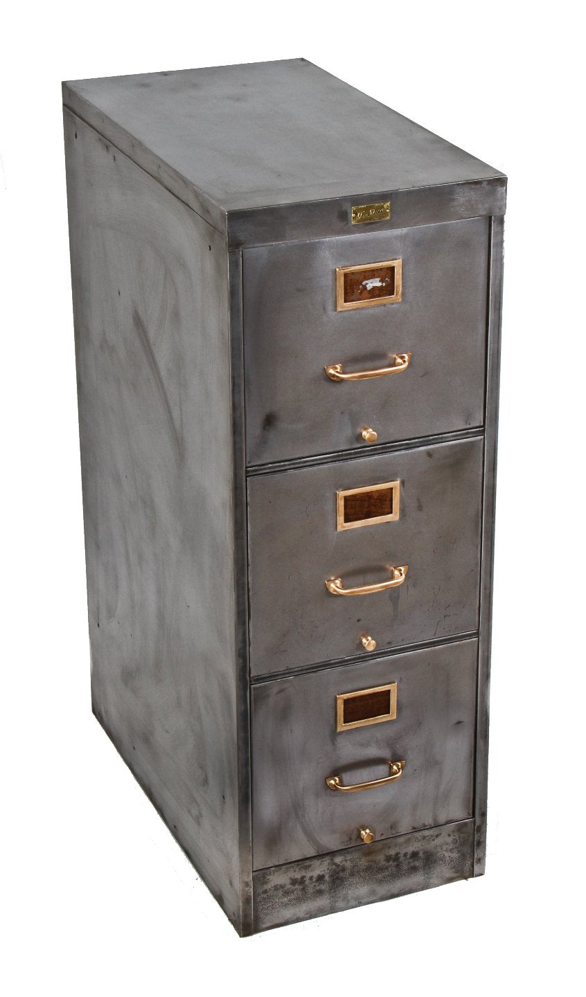 refinished c. 1920's "mastercraft" cold-rolled steel three-drawer parisian novelty company office filing cabinet with a largely uniform brushed and sanded metal finish