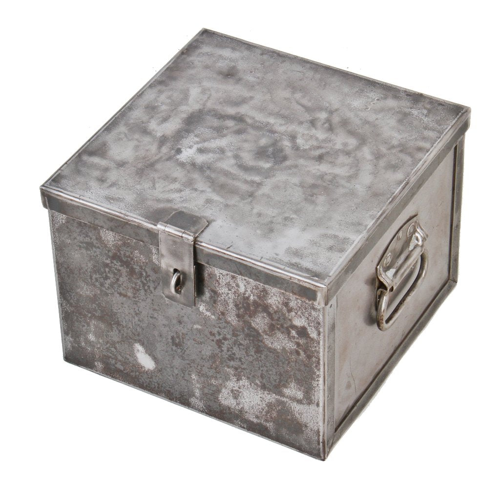 refinished compact c. 1930's custom-built heavy gauge steel hinged factory machine shop lock box with opposed drop handles and lockable hasp