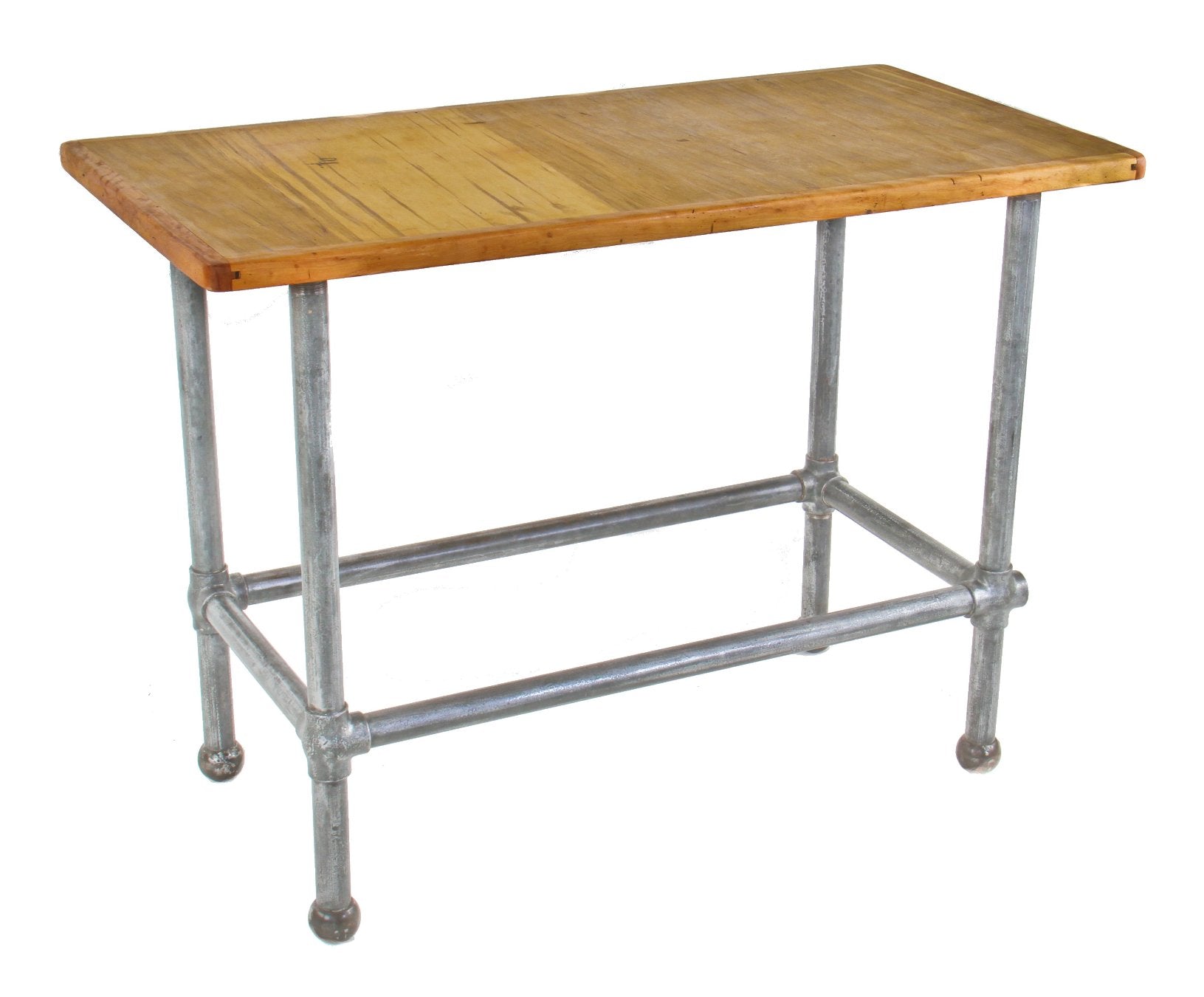 original c. 1920's antique american industrial red painted chicago butcher shop prep table with tubular steel legs and oversized ball feet
