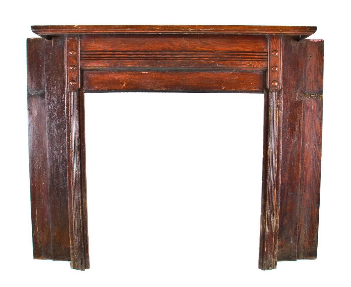 c. 19th century american victorian era intact lorenzen-built interior residential varnished oak wood "half" fireplace mantle with original finish