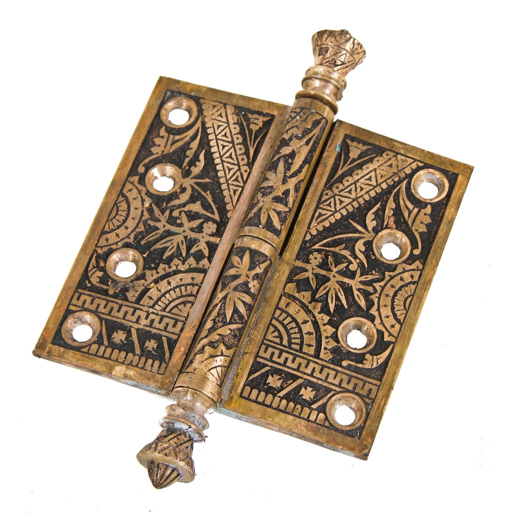all original and completely intact american 19th century ornamental cast brass "bamboo" pattern interior residential passage door eastlake style hinge