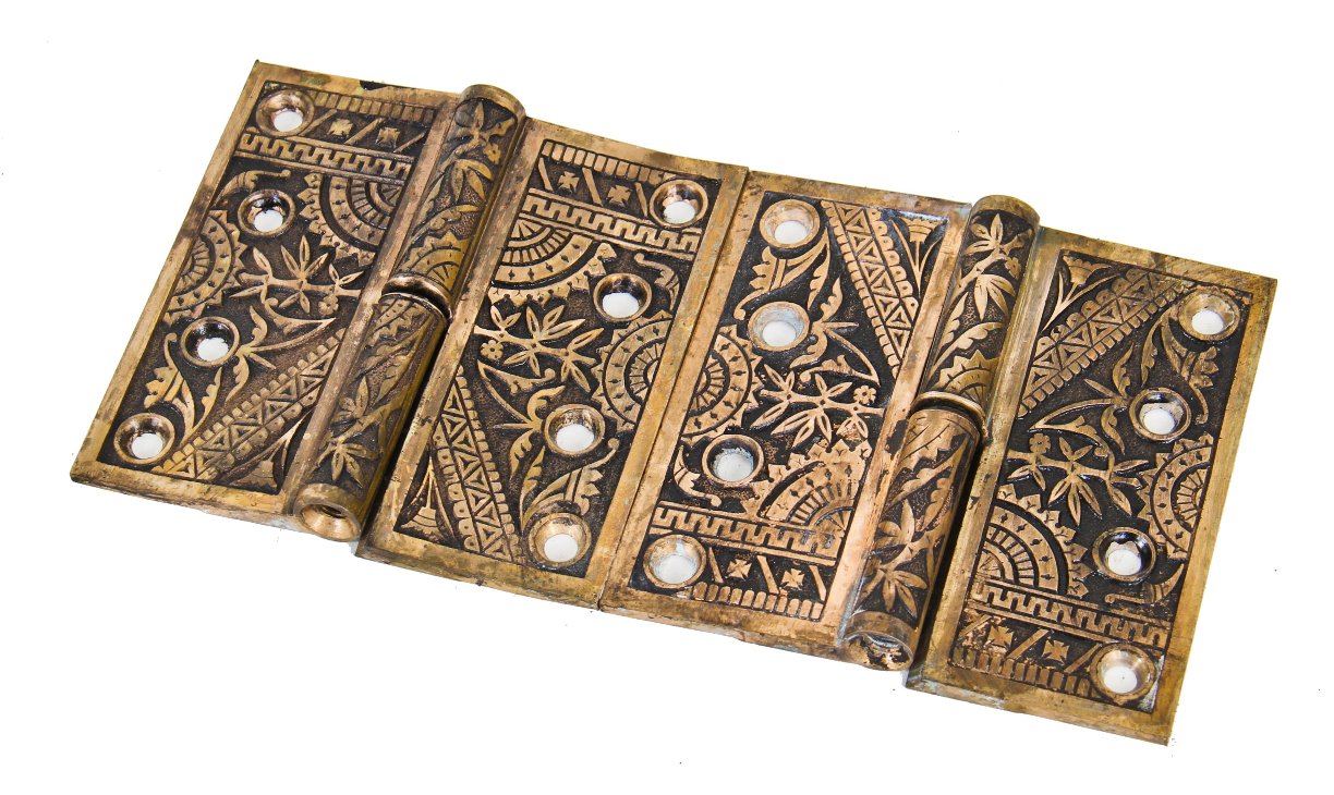 matching set of hard to find original 19th century eastlake style "bamboo" pattern interior residential cast brass passage door hinges with black enameled inlay