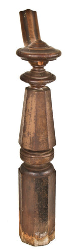 original 19th century post-fire chicago solid walnut wood octagonal-shaped interior commercial building staircase landing newel post with cap and partial handrail