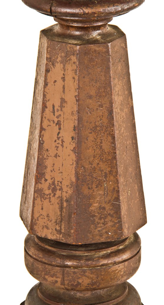 original 19th century post-fire chicago solid walnut wood octagonal-shaped interior commercial building staircase landing newel post with cap and partial handrail