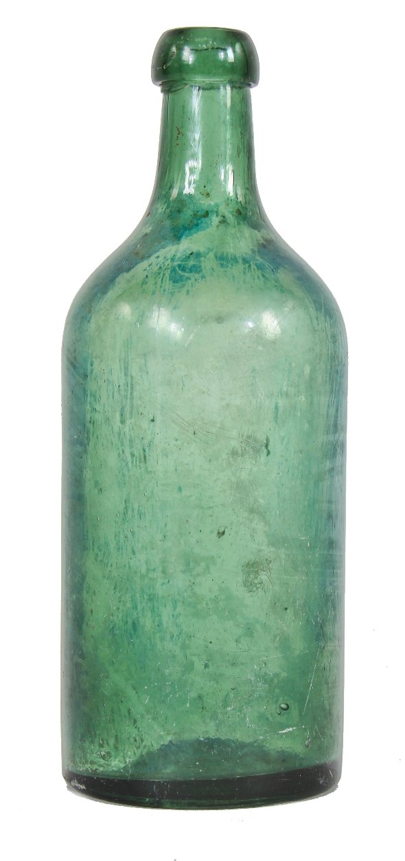 unusual  privy-dug light jade saratoga pint shaped pontiled bottle with high sloping shoulders and a squat neck, finished with an applied blob.