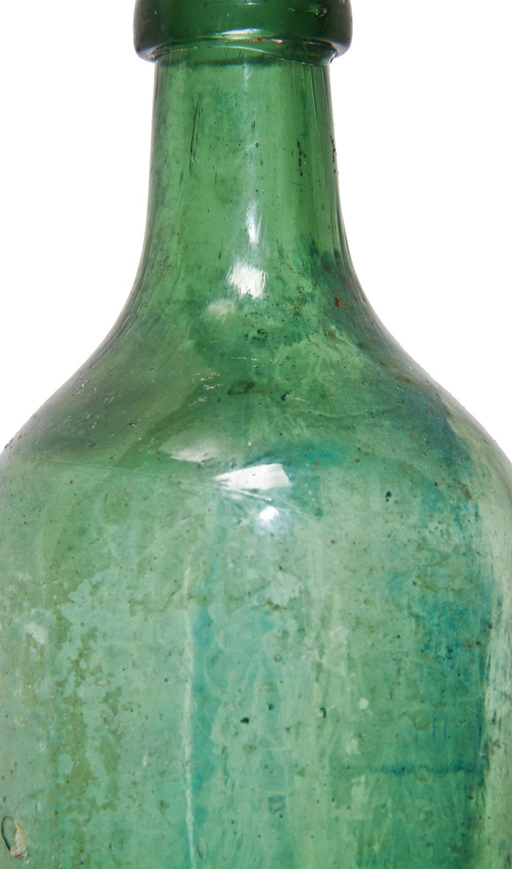 unusual  privy-dug light jade saratoga pint shaped pontiled bottle with high sloping shoulders and a squat neck, finished with an applied blob.