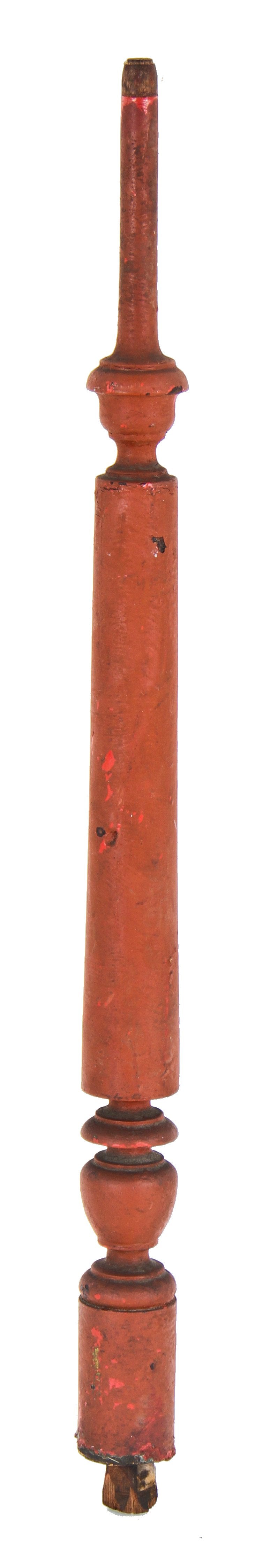 original c. 1870's finely turned and tapered solid walnut wood interior chicago commercial building staircase spindle with old red paint