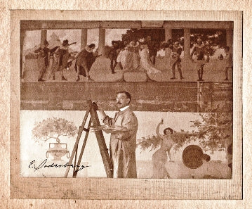 original matted signed gelatin silver print depicting leading oyen artist axel edward soderberg positioned on ladder with brush against a building mural in progress