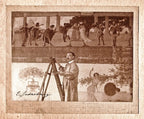 original matted signed gelatin silver print depicting leading oyen artist axel edward soderberg positioned on ladder with brush against a building mural in progress