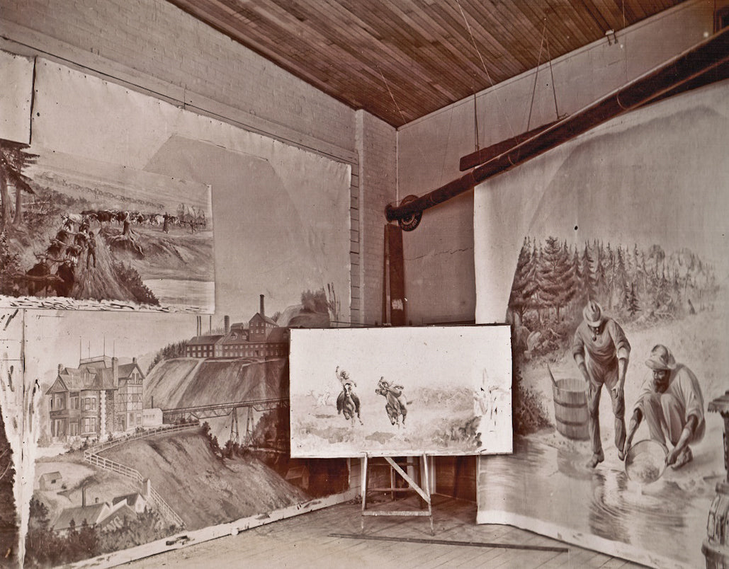 rare original c. 1912-17 original gelatin silver print depicting the 3rd floor oyen studio (507 main street) with large displayed renderings