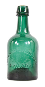 mid-19th century antique american squat body dark emerald green glass iron-pontiled bottle designed and fabricated by the dyottville glassworks, philadelphia, pa.