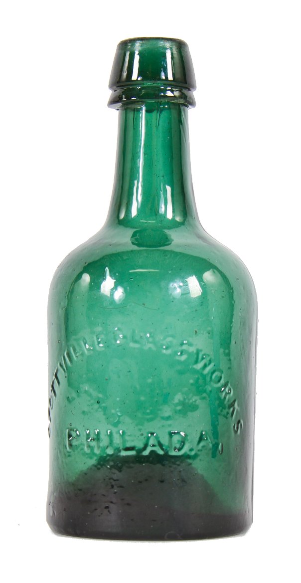 mid-19th century antique american squat body dark emerald green glass iron-pontiled bottle designed and fabricated by the dyottville glassworks, philadelphia, pa.