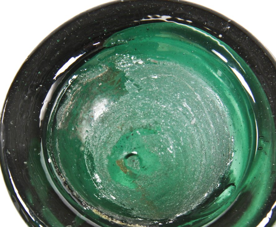 mid-19th century antique american squat body dark emerald green glass iron-pontiled bottle designed and fabricated by the dyottville glassworks, philadelphia, pa.