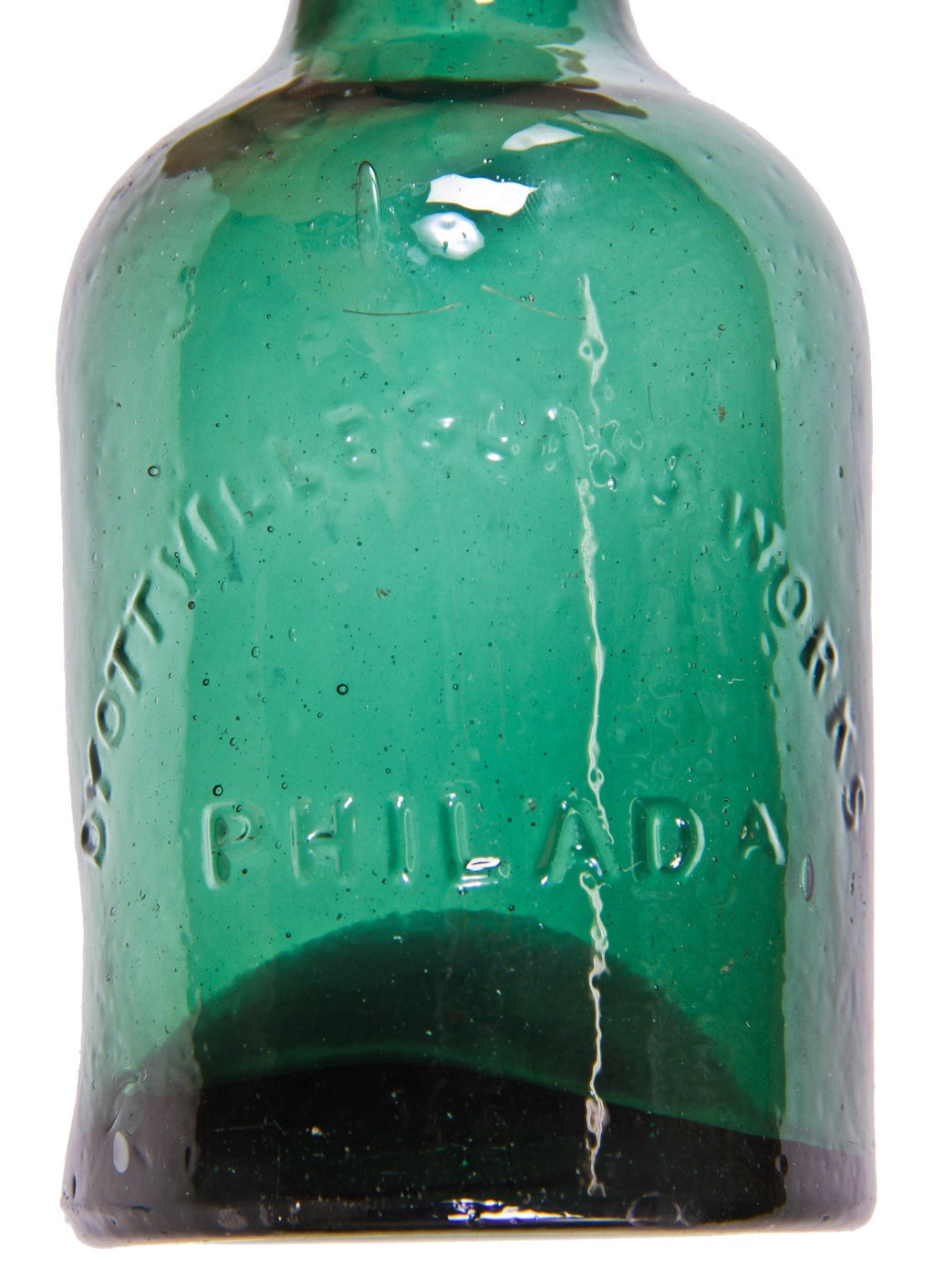 mid-19th century antique american squat body dark emerald green glass iron-pontiled bottle designed and fabricated by the dyottville glassworks, philadelphia, pa.