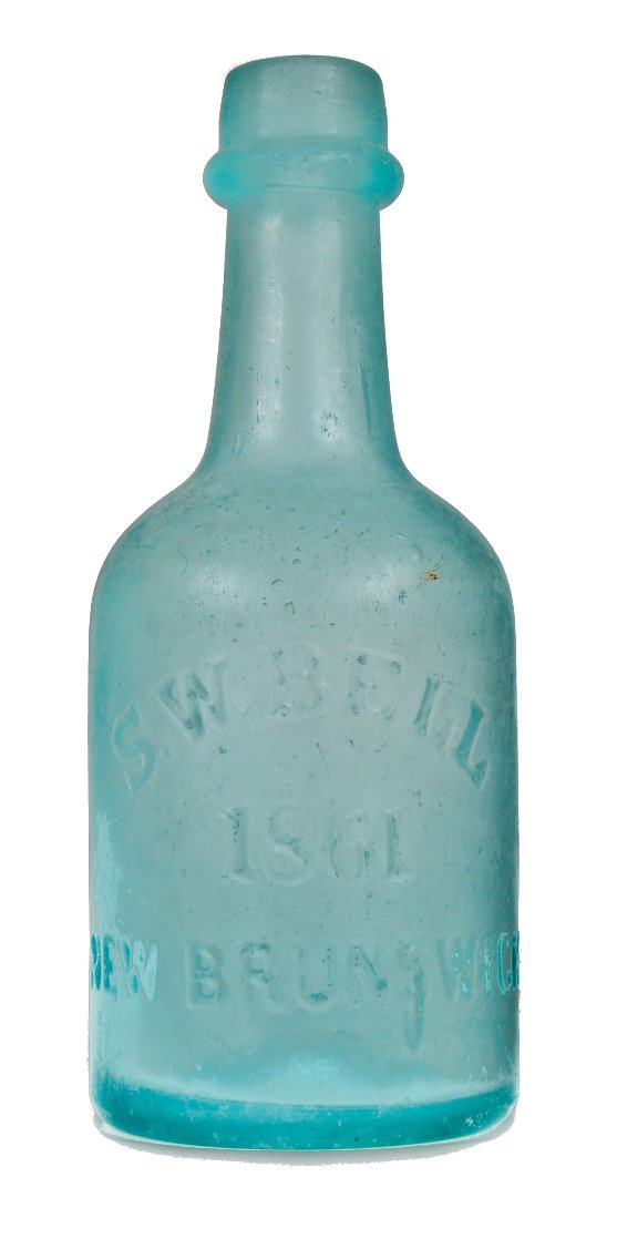 mid-nineteenth century (1860-1870) privy-dug deep blue aqua porter shaped bottle with a twitchell-style applied tapered lip and rounded ring manufactured in new jersey, likely by the bridgeton glass works.