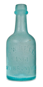 mid-nineteenth century (1860-1870) privy-dug deep blue aqua porter shaped bottle with a twitchell-style applied tapered lip and rounded ring manufactured in new jersey, likely by the bridgeton glass works.