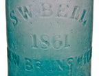 mid-nineteenth century (1860-1870) privy-dug deep blue aqua porter shaped bottle with a twitchell-style applied tapered lip and rounded ring manufactured in new jersey, likely by the bridgeton glass works.