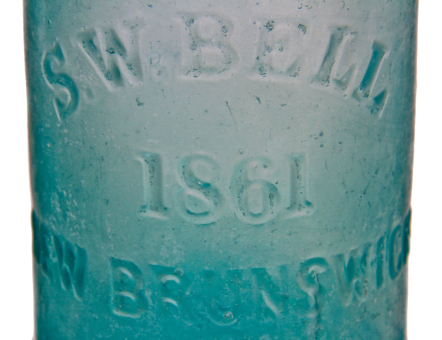 mid-nineteenth century (1860-1870) privy-dug deep blue aqua porter shaped bottle with a twitchell-style applied tapered lip and rounded ring manufactured in new jersey, likely by the bridgeton glass works.
